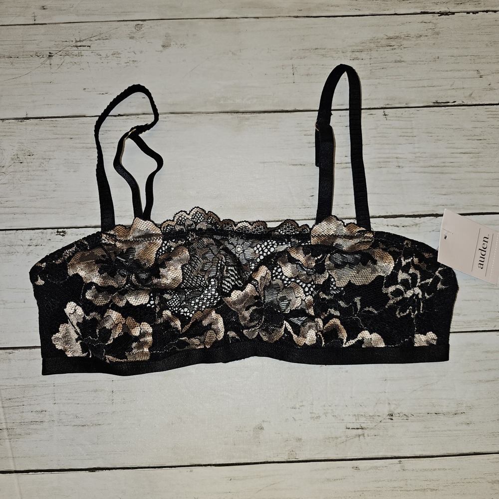 Auden Bra Womens XS Black Gold Lace Unlined Adjustable Sheer Target Lingerie NWT